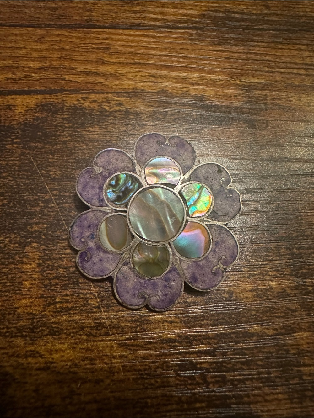 Vintage Taxco Mexico 925 Sterling Silver Abalone & Purple Inlay Flower Brooch
